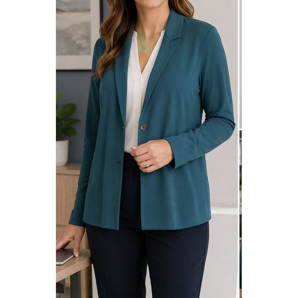 J.Jill Wearever Teal Knit Blazer Women M Soft Stretch Career Casual Jacket